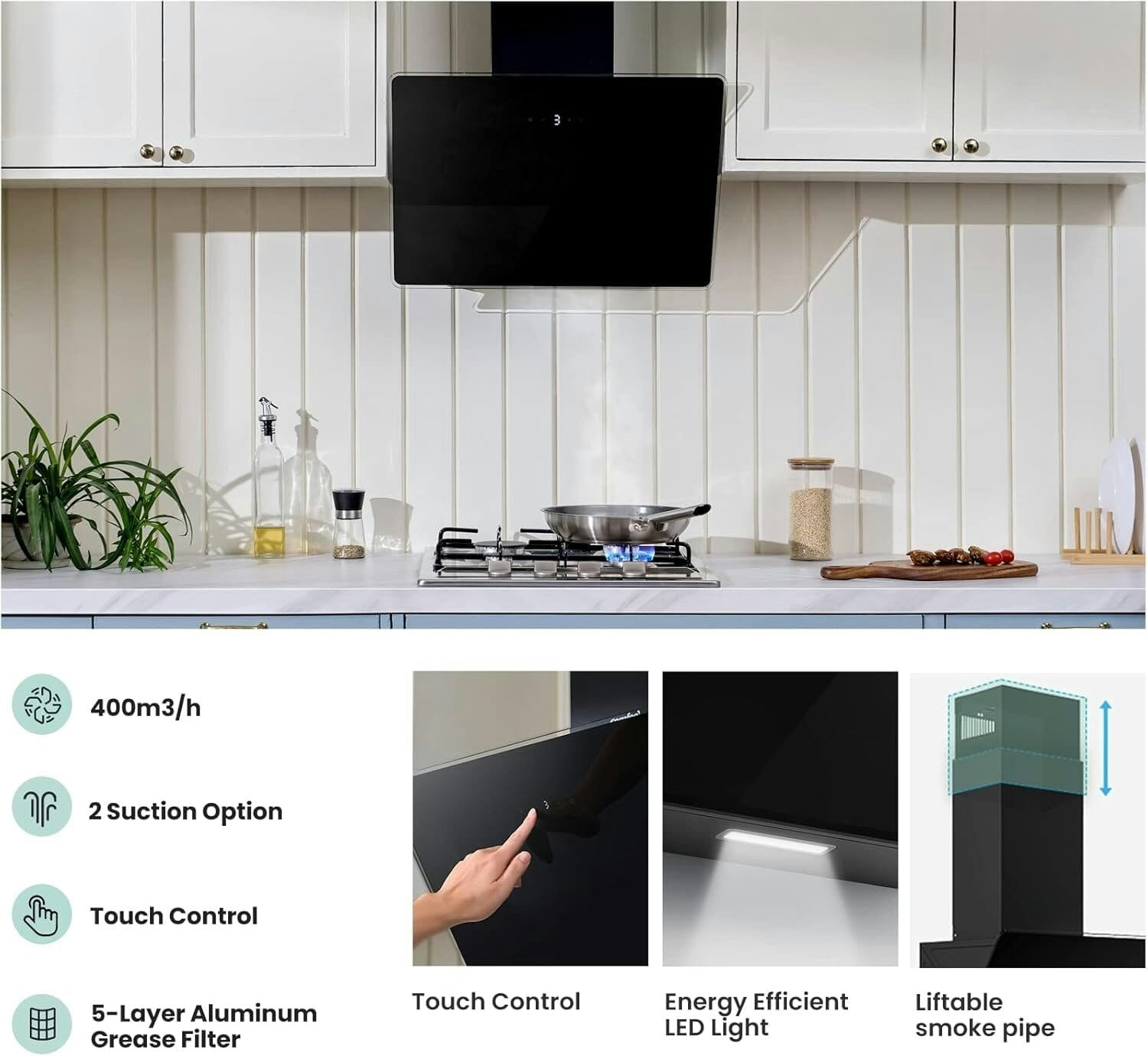 60cm Wall Mount Angled Cooker Hood with 3-Speed Fan